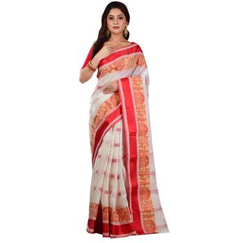 White Red Woven Pure Cotton Velvet Border Tant Handloom  1