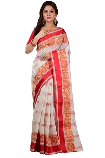 White Red Woven Pure Cotton Velvet Border Tant Handloom 