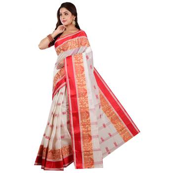 White Red Woven Pure Cotton Velvet Border Tant Handloom  2