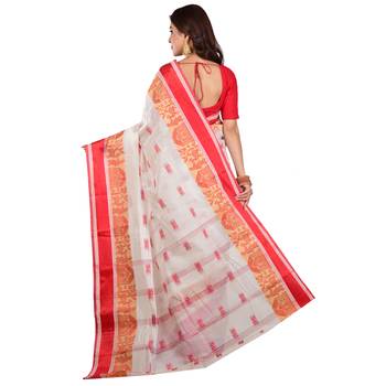 White Red Woven Pure Cotton Velvet Border Tant Handloom  3