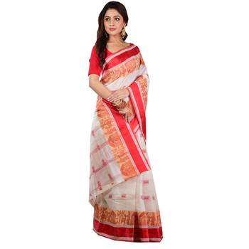 White Red Woven Pure Cotton Velvet Border Tant Handloom  4