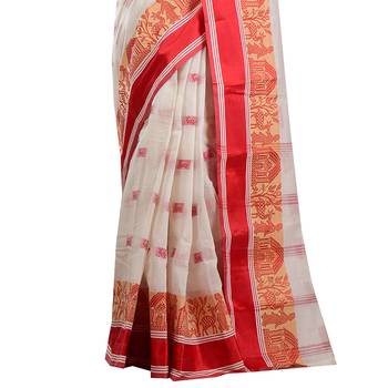 White Red Woven Pure Cotton Velvet Border Tant Handloom  5