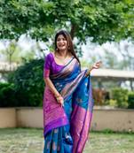 Blue Soft Banarasi Katan Silk Saree With Zari Weaving Pallu and Border with Matching Blouse Piece