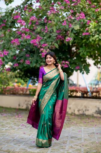 Green Soft Banarasi Katan Silk Saree With Zari Weaving Pallu and Border with Matching Blouse Piece