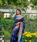 Navy Blue Soft Banarasi Katan Silk Saree With Zari Weaving Pallu and Border with Matching Blouse Piece