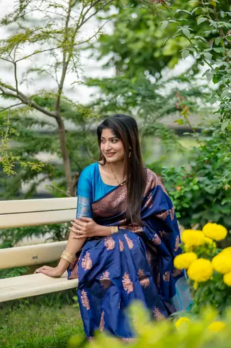 Navy Blue Soft Banarasi Katan Silk Saree With Zari Weaving Pallu and Border with Matching Blouse Piece