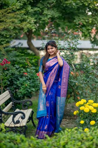 Royal Blue Soft Banarasi Katan Silk Saree With Zari Weaving Pallu and Border with Matching Blouse Piece