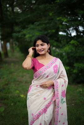 Pink Soft Muga Cotton Saree With Jamdani Type Border And All Over Resham Weaving Buttas With Blouse 2