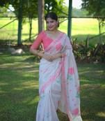 Baby Pink Soft Muga Cotton Saree With Jamdani Type Border And All Over Resham Weaving Buttas With Blouse