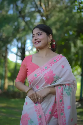 Baby Pink Soft Muga Cotton Saree With Jamdani Type Border And All Over Resham Weaving Buttas With Blouse
