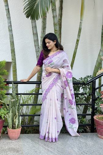 Purple Soft Muga Cotton Saree With Jamdani Type Border And All Over Resham Weaving Buttas With Blouse