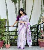 Purple Soft Muga Cotton Saree With Jamdani Type Border And All Over Resham Weaving Buttas With Blouse