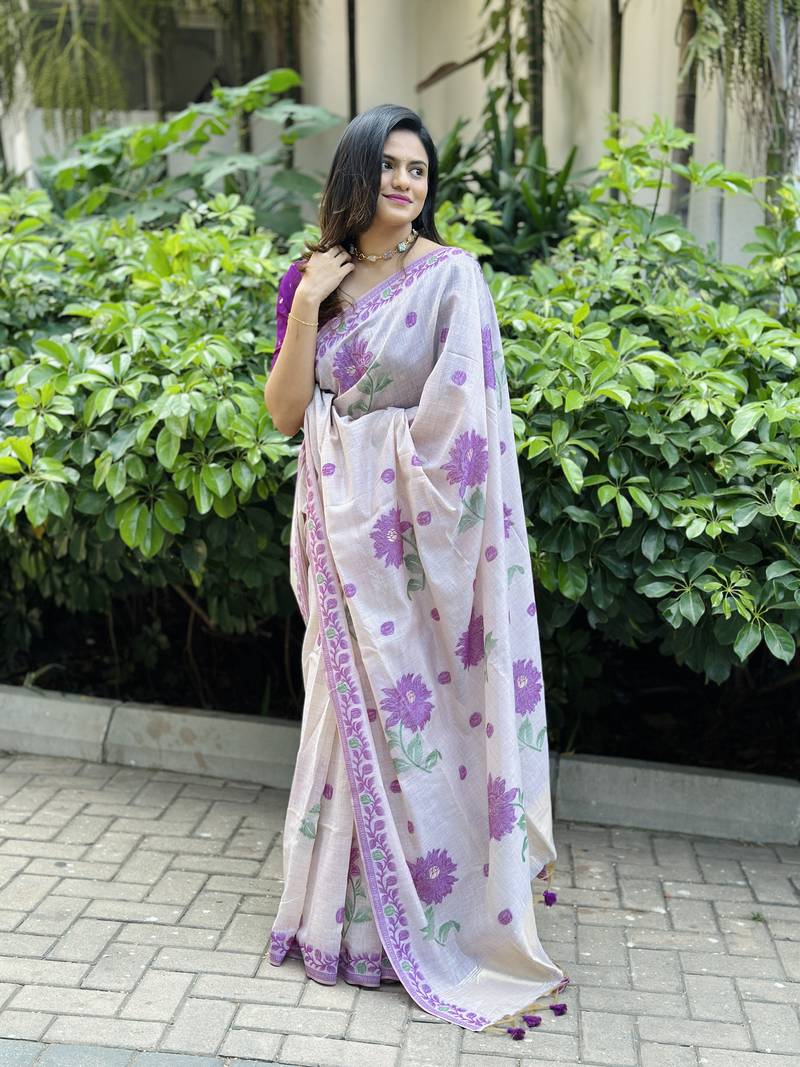 Purple Soft Muga Cotton Saree With Jamdani Type Border And All Over Resham Weaving Buttas With Blouse