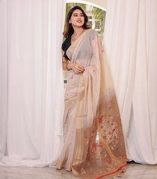 Chiku Soft Muga Cotton Saree With Zari Weaving Border And All Over Resham Weaving Buttas With Blouse