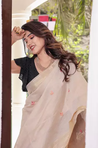 Chiku Soft Muga Cotton Saree With Zari Weaving Border And All Over Resham Weaving Buttas With Blouse