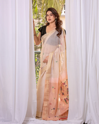 Peach Soft Muga Cotton Saree With Zari Weaving Border And All Over Resham Weaving Buttas With Blouse 1