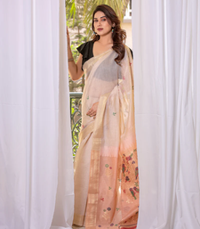Peach Soft Muga Cotton Saree With Zari Weaving Border And All Over Resham Weaving Buttas With Blouse
