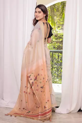 Peach Soft Muga Cotton Saree With Zari Weaving Border And All Over Resham Weaving Buttas With Blouse