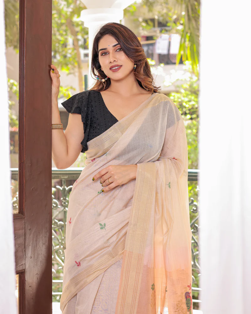 Peach Soft Muga Cotton Saree With Zari Weaving Border And All Over Resham Weaving Buttas With Blouse