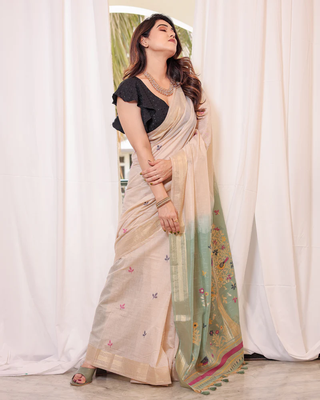 Soft Muga Cotton Saree With Zari Weaving Border And All Over Resham Weaving Buttas With Blouse 3