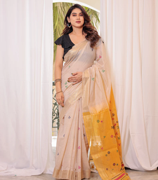 Yellow Soft Muga Cotton Saree With Zari Weaving Border And All Over Resham Weaving Buttas With Blouse