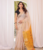 Yellow Soft Muga Cotton Saree With Zari Weaving Border And All Over Resham Weaving Buttas With Blouse