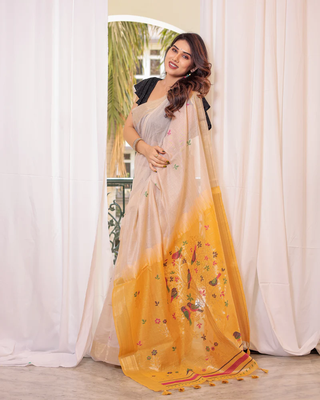 Yellow Soft Muga Cotton Saree With Zari Weaving Border And All Over Resham Weaving Buttas With Blouse 2
