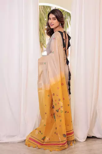 Yellow Soft Muga Cotton Saree With Zari Weaving Border And All Over Resham Weaving Buttas With Blouse
