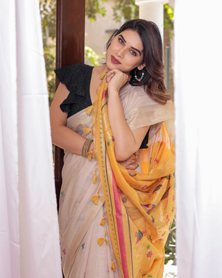 Yellow Soft Muga Cotton Saree With Zari Weaving Border And All Over Resham Weaving Buttas With Blouse 4