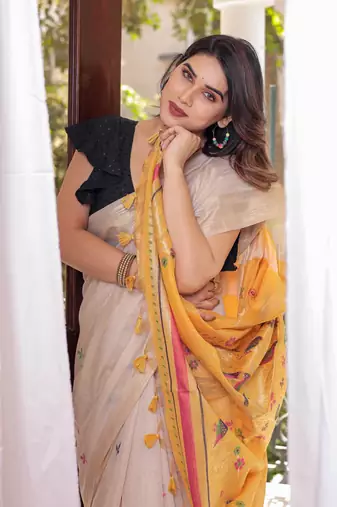 Yellow Soft Muga Cotton Saree With Zari Weaving Border And All Over Resham Weaving Buttas With Blouse
