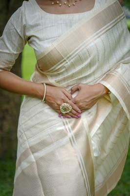 White Raw Silk Saree With All Over Zari Weaving Pattern With Running Blouse Piece 3