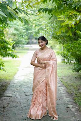 Peach Raw Silk Saree With All Over Zari Weaving Pattern With Running Blouse Piece 1
