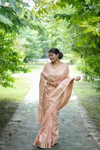 Peach Raw Silk Saree With All Over Zari Weaving Pattern With Running Blouse Piece