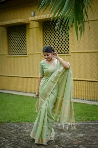 Pista Green Raw Silk Saree With All Over Zari Weaving Pattern With Running Blouse Piece