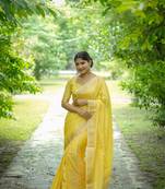 Yellow Raw Silk Saree With All Over Zari Weaving Pattern With Running Blouse Piece