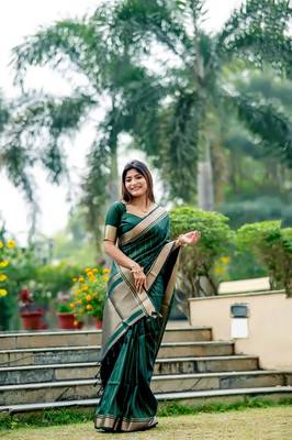 Green Raw Silk Saree With All Over Zari Weaving Pattern With Running Blouse Piece 1