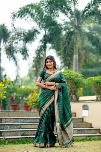 Green Raw Silk Saree With All Over Zari Weaving Pattern With Running Blouse Piece