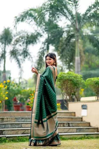 Green Raw Silk Saree With All Over Zari Weaving Pattern With Running Blouse Piece
