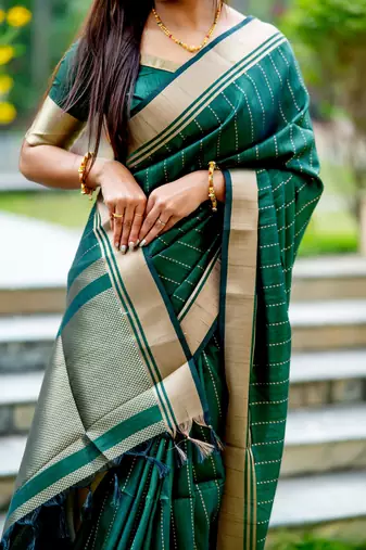 Green Raw Silk Saree With All Over Zari Weaving Pattern With Running Blouse Piece