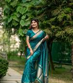Teal Raw Silk Saree With All Over Zari Weaving Pattern With Running Blouse Piece