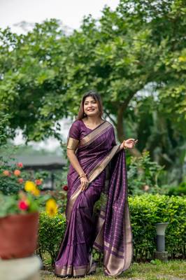 Purple Raw Silk Saree With All Over Zari Weaving Pattern With Running Blouse Piece 1