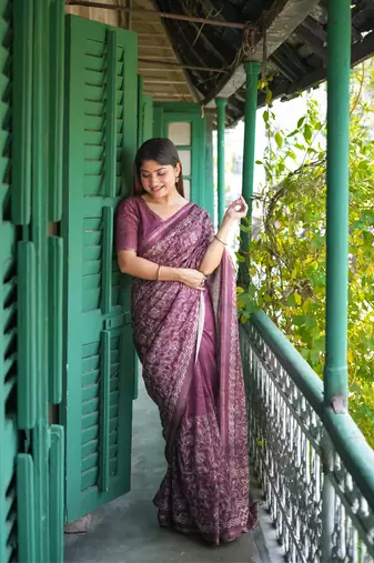 Pink Tussar Silk Saree With Printed Pallu And Floral Embroidery Work Border With Blouse