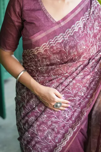 Pink Tussar Silk Saree With Printed Pallu And Floral Embroidery Work Border With Blouse