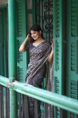 Black Tussar Silk Saree With Printed Pallu And Floral Embroidery Work Border With Blouse 2