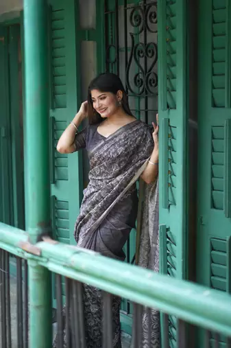 Black Tussar Silk Saree With Printed Pallu And Floral Embroidery Work Border With Blouse