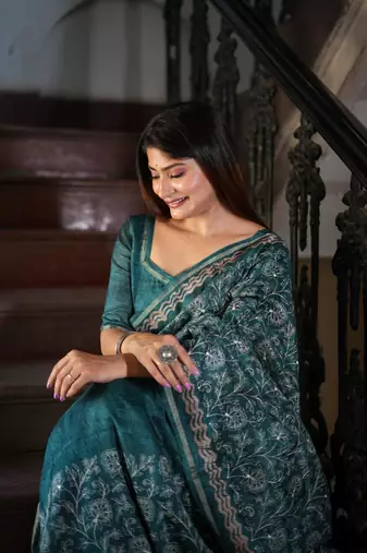 Teal Tussar Silk Saree With Printed Pallu And Floral Embroidery Work Border With Blouse