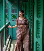 Brown Tussar Silk Saree With Printed Pallu And Floral Embroidery Work Border With Blouse