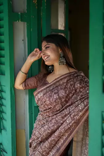 Brown Tussar Silk Saree With Printed Pallu And Floral Embroidery Work Border With Blouse
