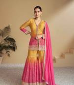 Yellow and rani pink embroidered sangeet readymade salwar kameez