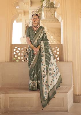 Silk Blend foil print dark green saree 1